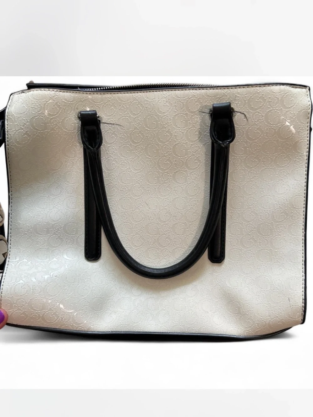 Guess White and Black Logo-Print Satchel with Strap